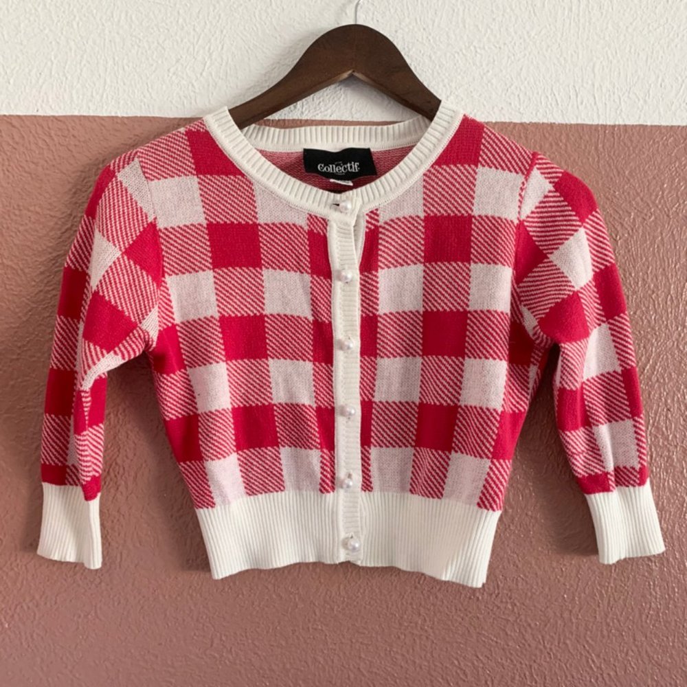 Red and White Plaid Retro Button Down Sweater